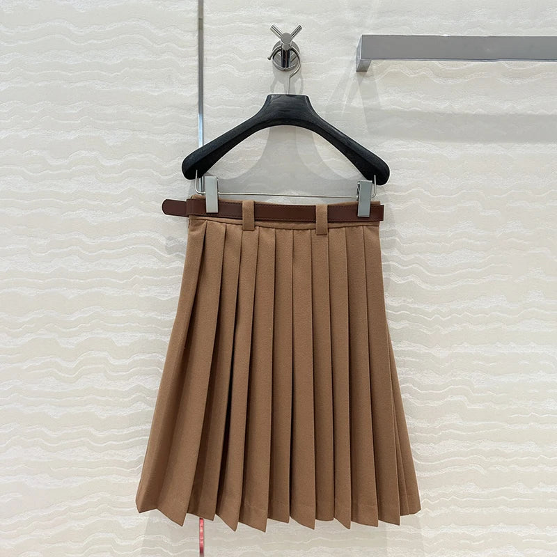 2024 AW Vintage College Style Pleated Skirt Women Brown Tweed Elegant Midi Skirt Metal Clasp Tie Women's Clothing