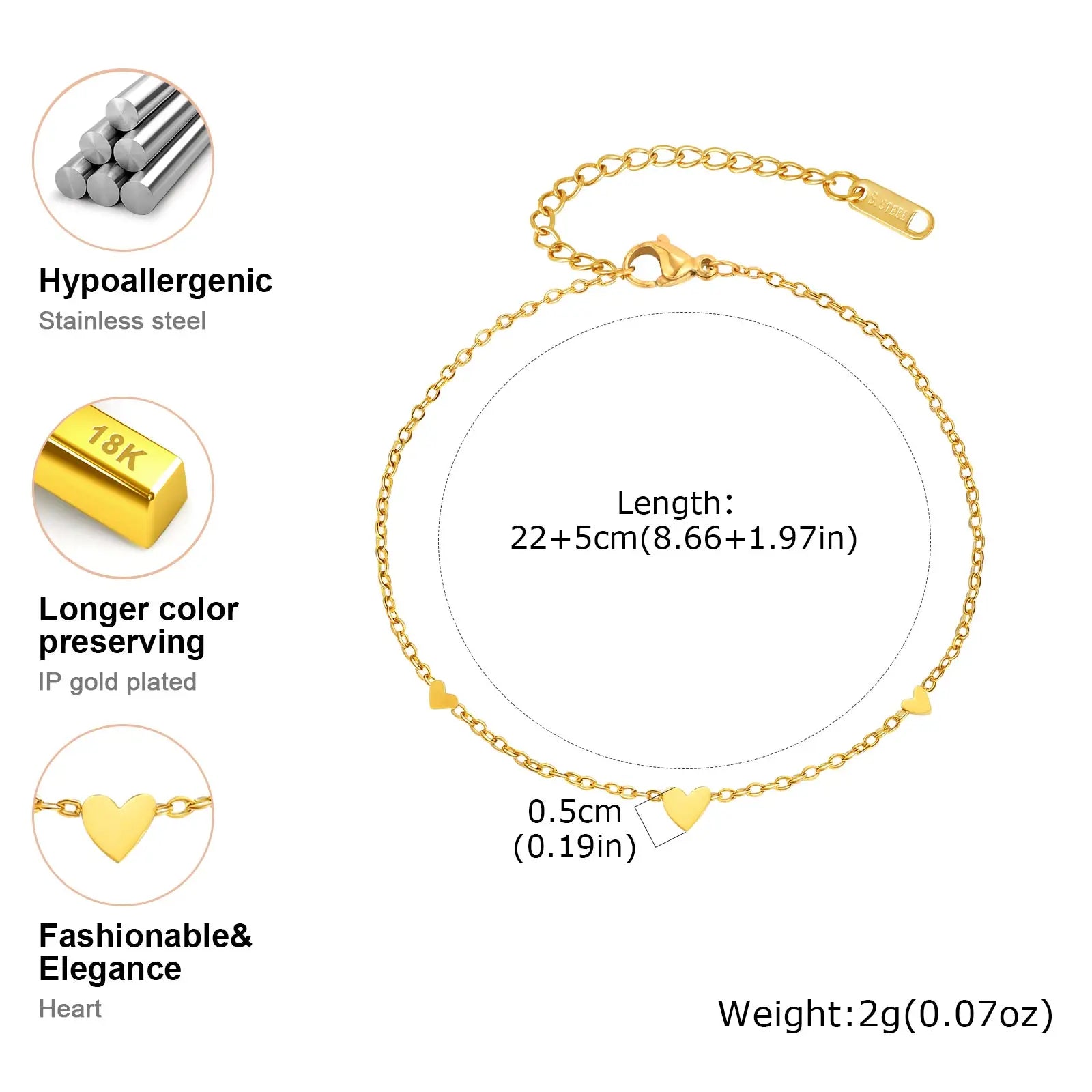 Stainless Steel Heart Anklet — Gold-Plated Dainty Beach Anklet for Women — view 6 of jewelry