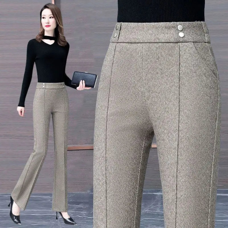 Office Lady Loose Flare Pants Autumn Winter Korean Woman Clothing Pockets Patchwork High Waist