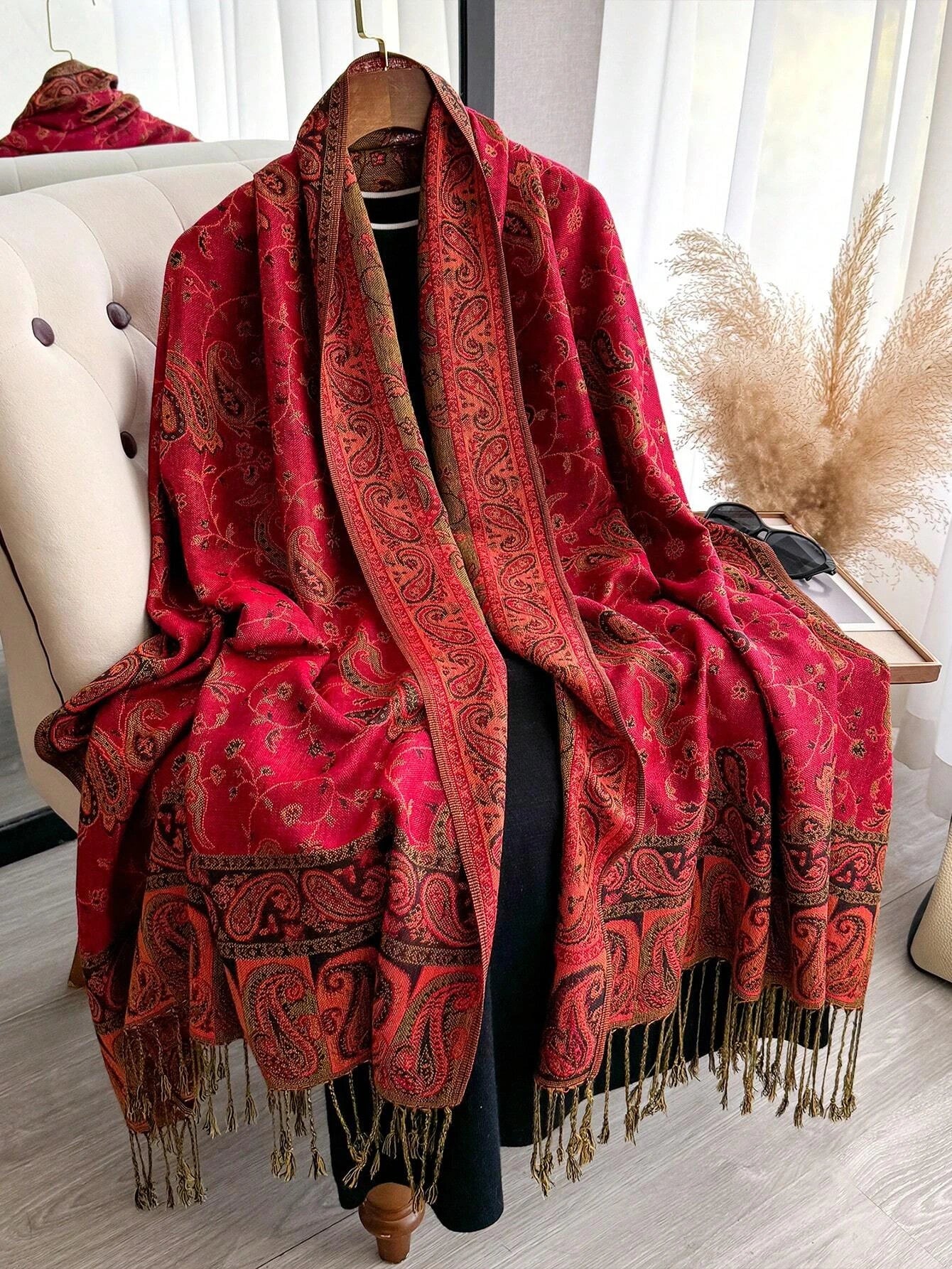 Pashmina Scarf European Bohemia Paisley Jacquard — Museum-Piece Cashmere Shawl Wrap 70×190cm — view 16 of scarves & wraps