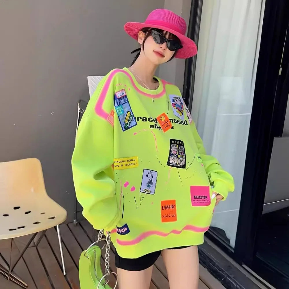 Original Y2K Graffiti Printed O-neck Hoodie Autumn And Winter Women's Fashion Loose Street Dance Club Casual Warm Cotton Hoodie