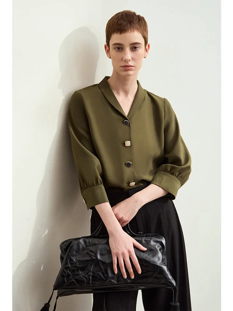 Amii Minimalism Women’s Chiffon Satin Shirt – Vintage Loose Casual Lapel Blouse for Autumn 2024