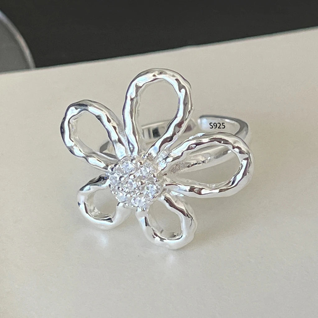 VENTFILLE Women's 925 Sterling Silver Flower Ring — Hollow Retro Fine Jewelry Gift