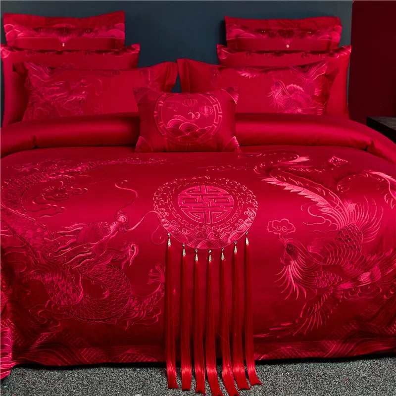 Loong Phoenix Embroidered Satin Bedding Set – Luxury Chinese Wedding Red Cotton Duvet Cover & Bed Sheet