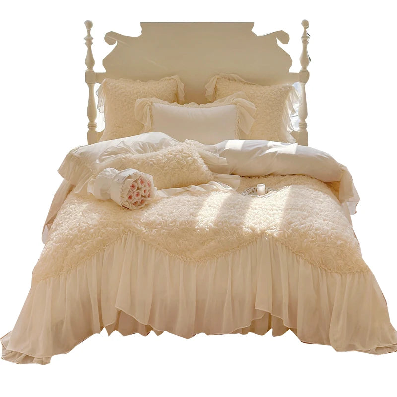 Princess Cotton Bedding Set, 3D Rose Duvet Cover Sets with Bed Skirts,Cream White Rose Design Bedding 4pcs, Skin-friendly Fabric