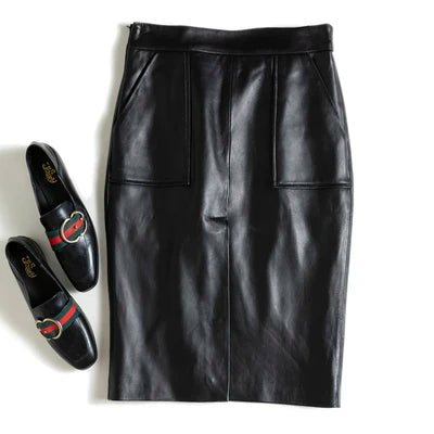 Lambskin Skirt for Women Commuting OL Simplified Vertical Cut 100% Leather Front Split Jupe Mujer Pockets Black Wrap Midi Skirt