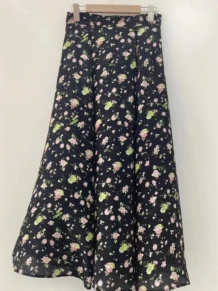 Women Skirt 100% Viscose Floral Letter Printed Prairie Chic High Waist Ladies Midi Jupe with Pockets Spring Summer 2024 New