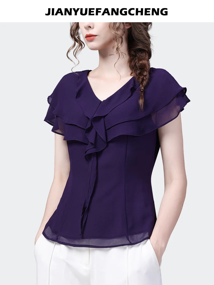 2024 Summer Women Short Sleeve V-neck Ruffle Chiffon Tops Elegant Slim French Style Female Purple Casual Office Blouses