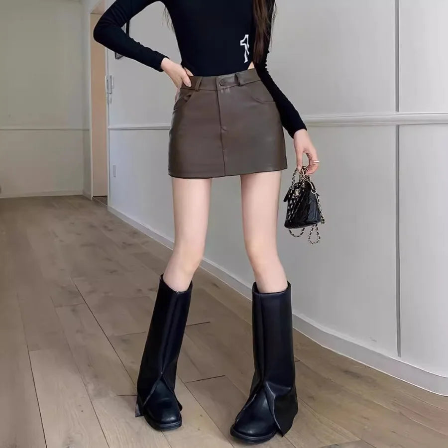 【HOT】Curry pu leather short skirt for women in autumn and winter new high waist large size fat mm slimming bag short skirt for — view 4 of product