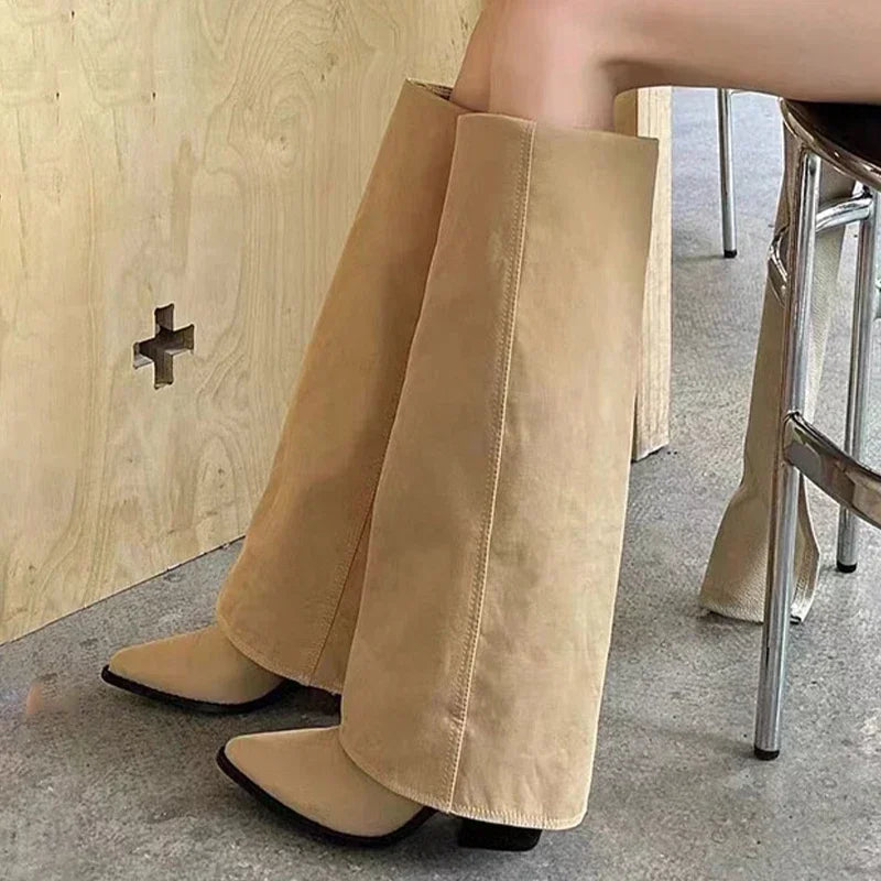 Knee-High Heeled Boots — Leather-Look Chunky Pointed-Toe Long Boots — view 2 of boots