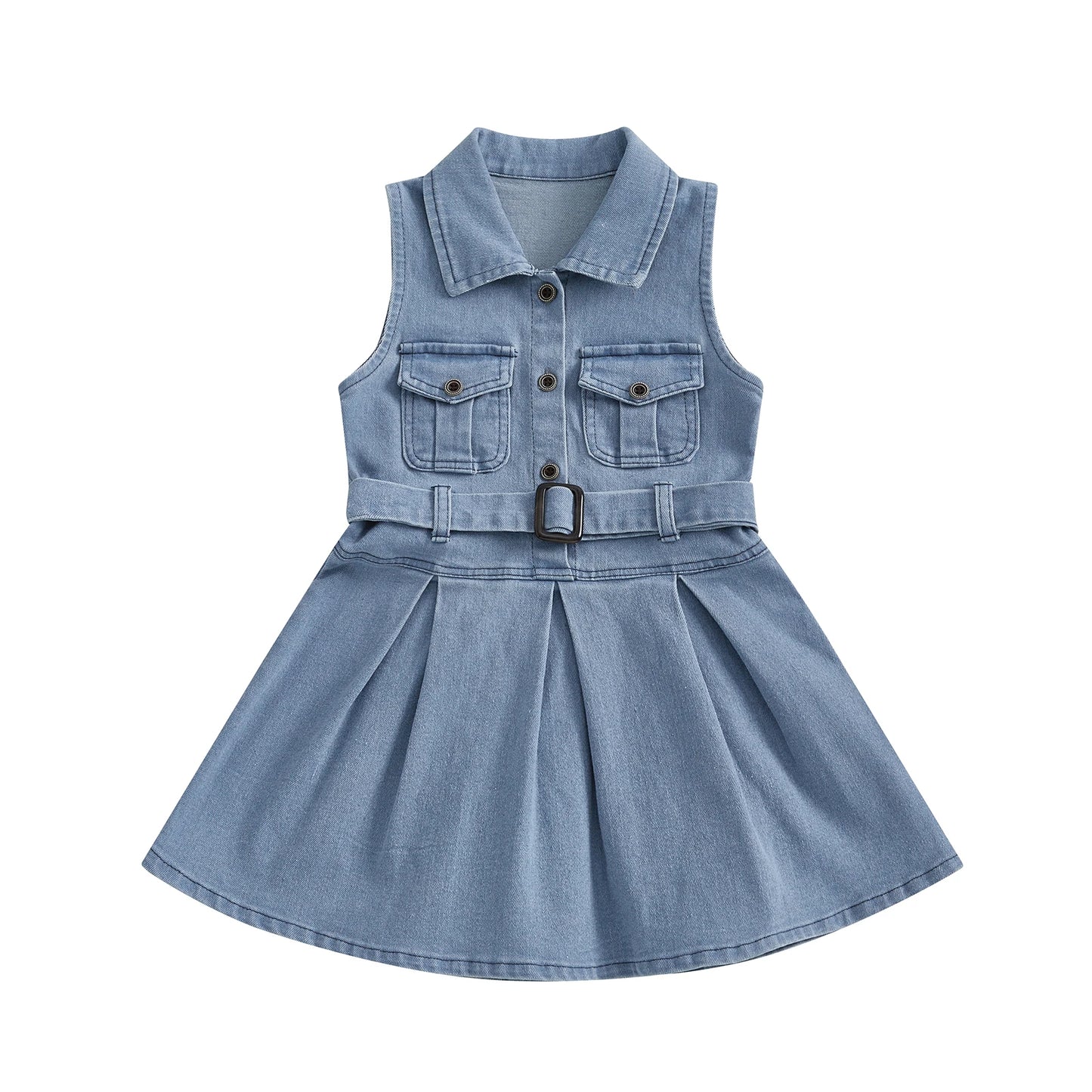 Girls Denim Dress with Belt - Y2K Sleeveless Button-Front Toddler Dress — view 1 of girls dresses