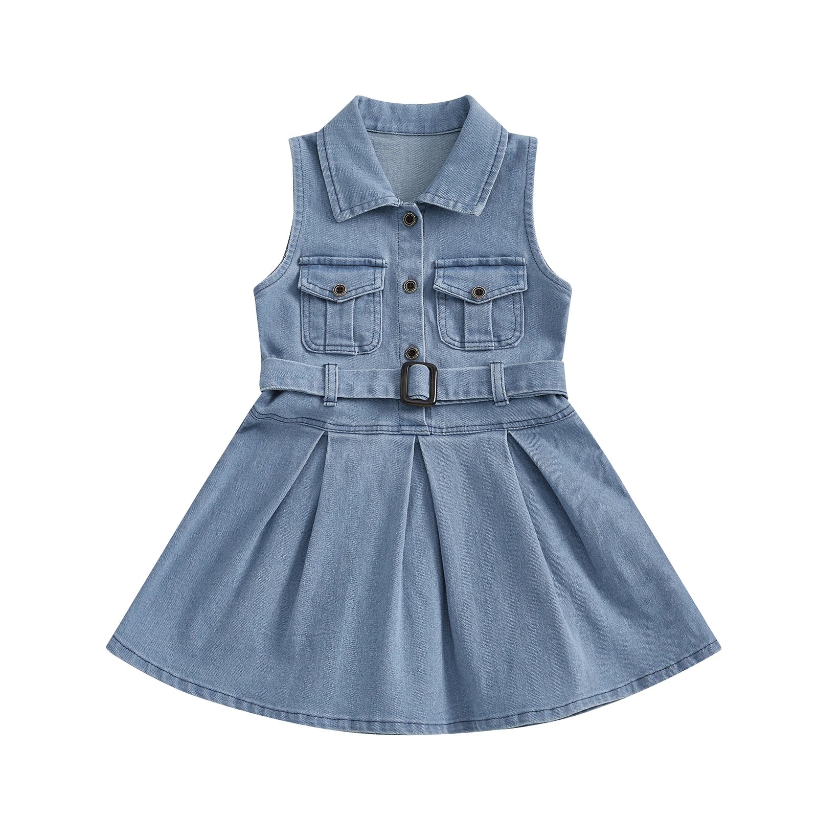 Girls Denim Dress with Belt - Y2K Sleeveless Button-Front Toddler Dress — view 1 of girls dresses