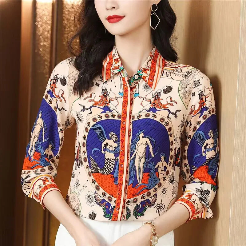 Women's Baroque Printed Mulberry Silk Shirts Spring Classic Vintage Fashion Loose Blouse Female Top Temperament Elegant Shirt