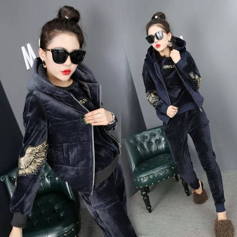 Winter Thick Velour Women Sport Suit Warm Hoodie Sweatshirt+pant+jacket Casual Jogger Running Outfit Set Sportswear Tracksuit