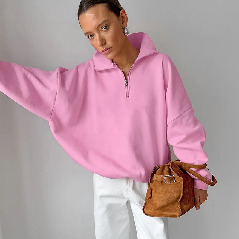 MSCSZ Pink Oversized Sweatshirt Women Stand Collar Zip Up Hoodie Y2K Streetwear Loose Casual Pullover Outerwear
