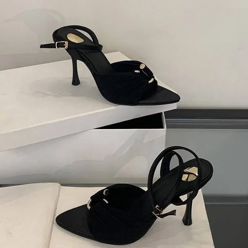 Heels & Pumps — Pleated Metal-Button Stiletto Sandals, Pointed Open-Toe Runway Heels — view 4 of heels & pumps