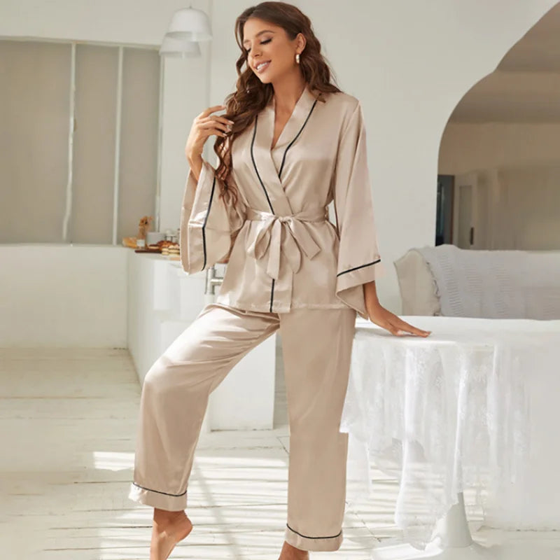 2 Piece Set Women Pajamas Satin Sleepwear Long Flared Sleeve and Long pant Fallow V-Neck Collar Casual