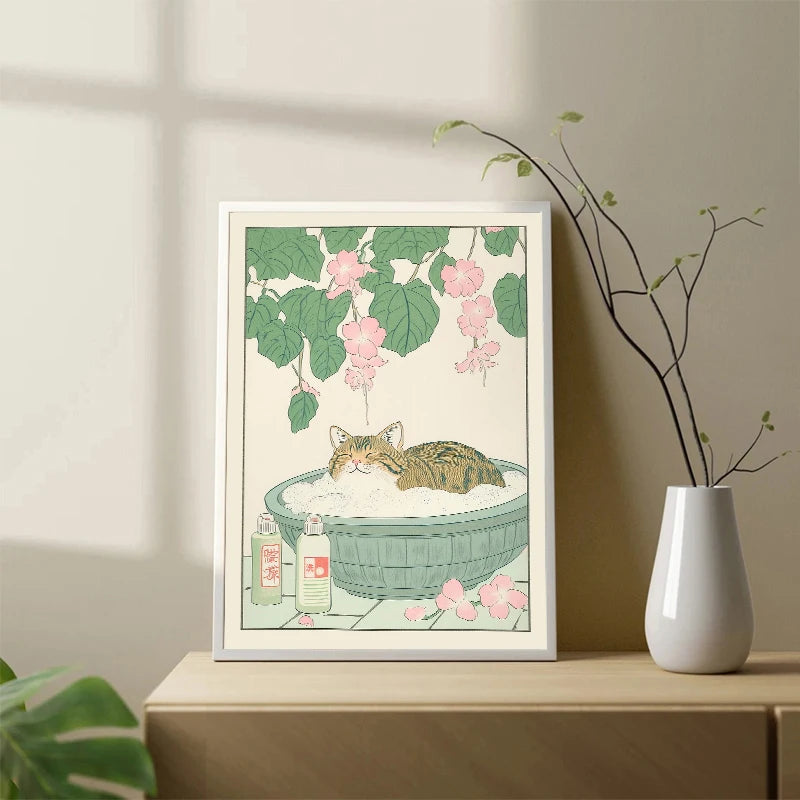 Japanese Tabby Cat in Bathtub Canvas Poster &mdash; Retro Japandi Wall Art for Bathroom &amp; Home — view 3 of wall art & prints