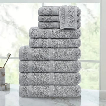 Bath Towels 10-Piece Solid Cotton Set — 4 Bath + 2 Hand + 4 Washcloths Absorbent Quick-Dry