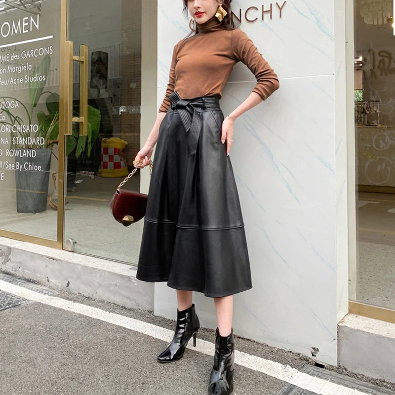 New Jupe Femme Genuine Leather Lange Rokken Women Sheepskin Large Hem High Waist Plus Size Long Skirt Black/Dark Red Flada Mujer