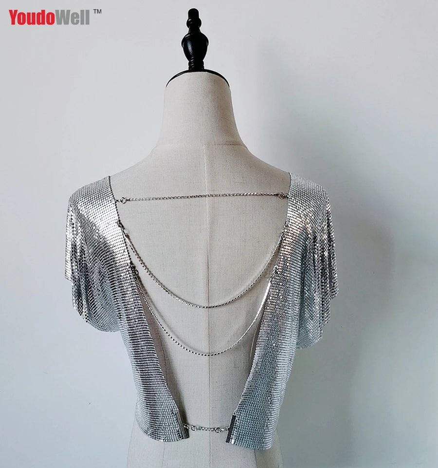 Fashion Woman Blouse 2023 Shiny Metal Aluminum Mesh Sexy Deep V -Neck Exposed Chain Backup Crop Top Nightclub Party Vest