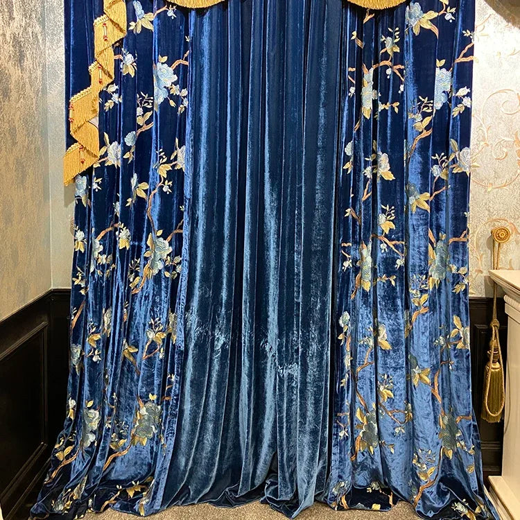 Royal Blue Velvet Bird Embroidery Curtains – Thick Shading Flocking Drapes for Living Room & Bedroom