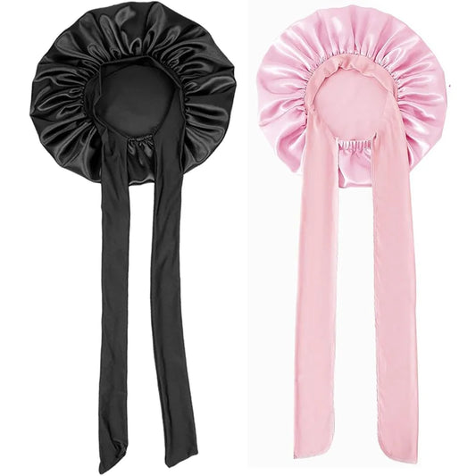 2PCS Satin Sleep Bonnets with Tie Band (Pink + Black) – Soft Hair Care Night Caps for Women