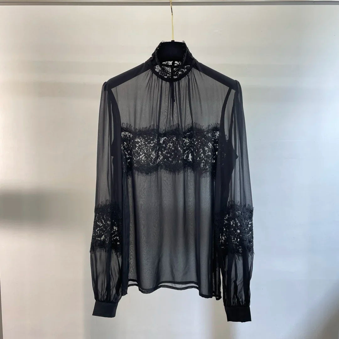 2024 Spring Top End Women 100% Silk Black Lace Patchwork Sheer Blouse Elegant Lady All Match Stand Collar Long Sleeve Tops Shirt