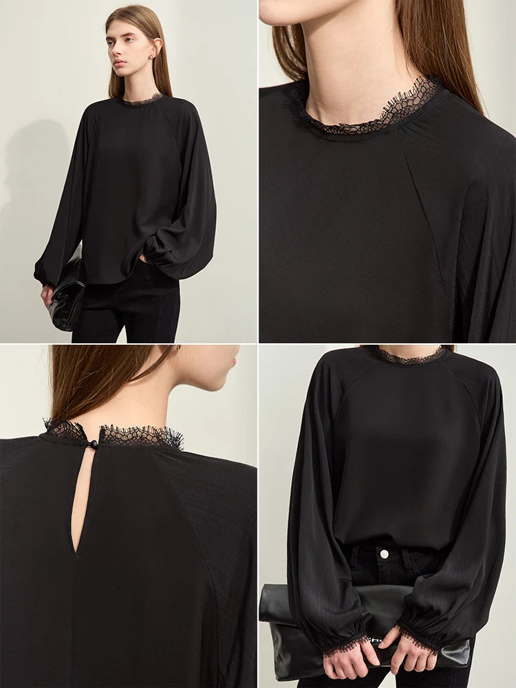 Amii Minimalism 2024 Women Blouse Spring New Round Neck Spliced Lace Chiffon Shirts Shoulder Lantern Sleeve Loose Tops 12441085