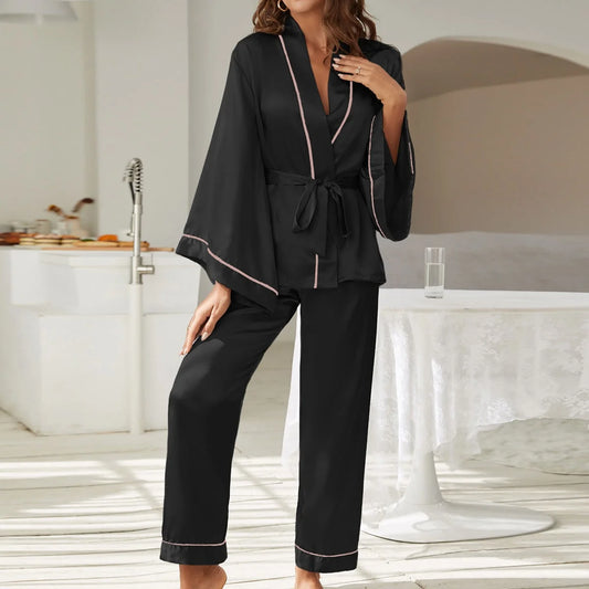 Women’s Satin Pajamas Set – 2-Piece Sleepwear with Flared Sleeves & V-Neck Collar