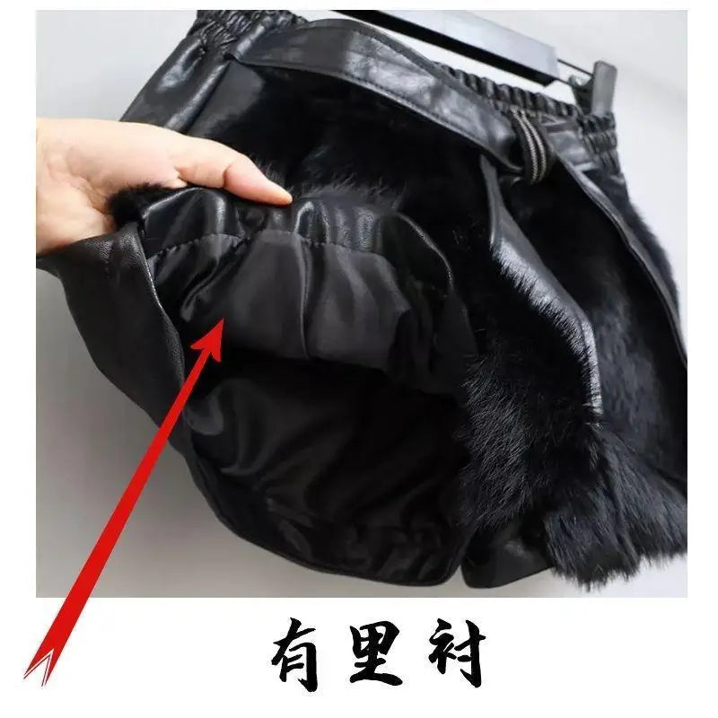 Fur Shorts Women's New Winter Style Korean Style Rivet High Waist Slim Slim Wide Leg Pants Rabbit Fur Leather Pants Boot Pants