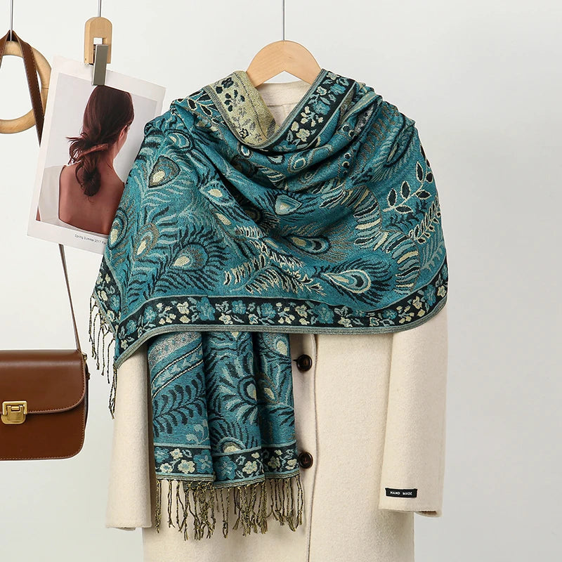 Cashmere-Feel Paisley Scarf Luxury-inspired — Tassel Hijab Pashmina Shawl Wrap, Blue Palette — view 6 of scarves & wraps