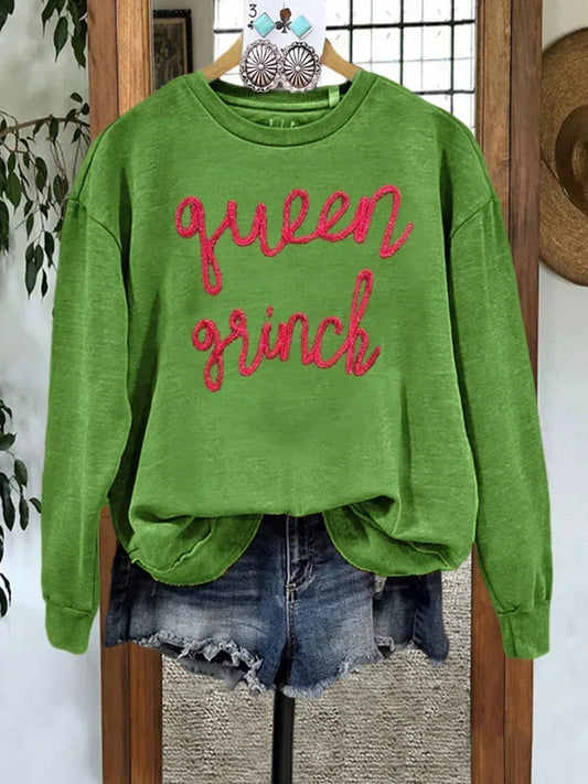 Classic Thread Embroidered Sweatshirt Christmas Letter Print Pullover Sweatshirt