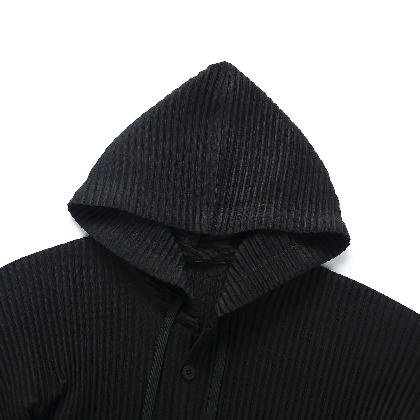 Miyake Pleated Hoodies For Men Black Hoodie Solid Color Coat Breathable Loose Drawstring Casual Top