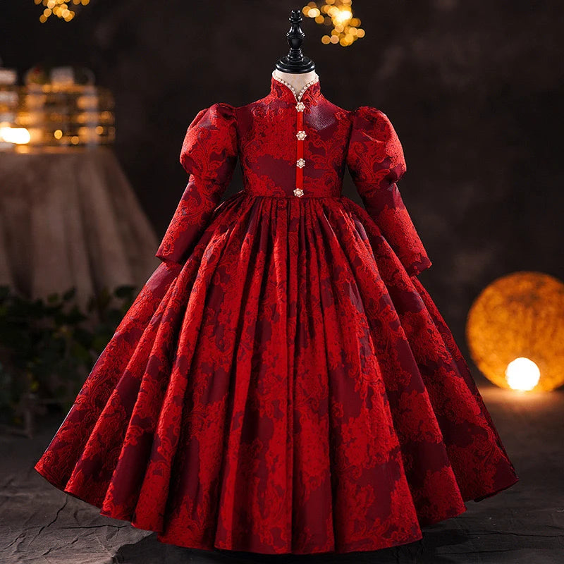 Classic Red Luxury Long Dresses For Girls Fashion Prom Host Elegant Costumes Formal Birthday Banquet Children High Quality Gowns