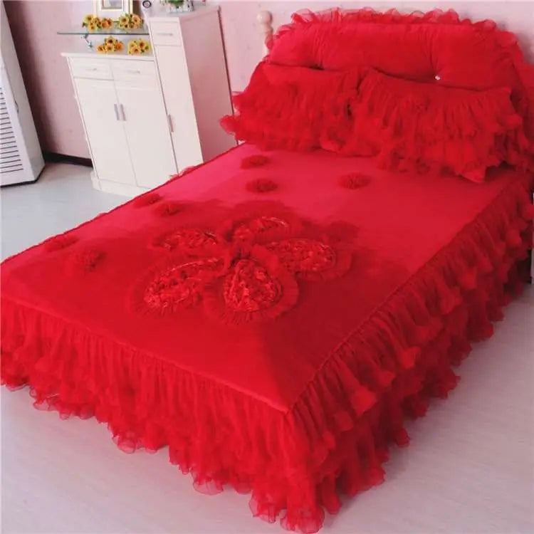 Winter Coral Fleece 4pcs Set Lace Princess Wind Pastoral Padded Plush Bed Skirt Double-sided Fleece Quilt Cover Bedding Sets