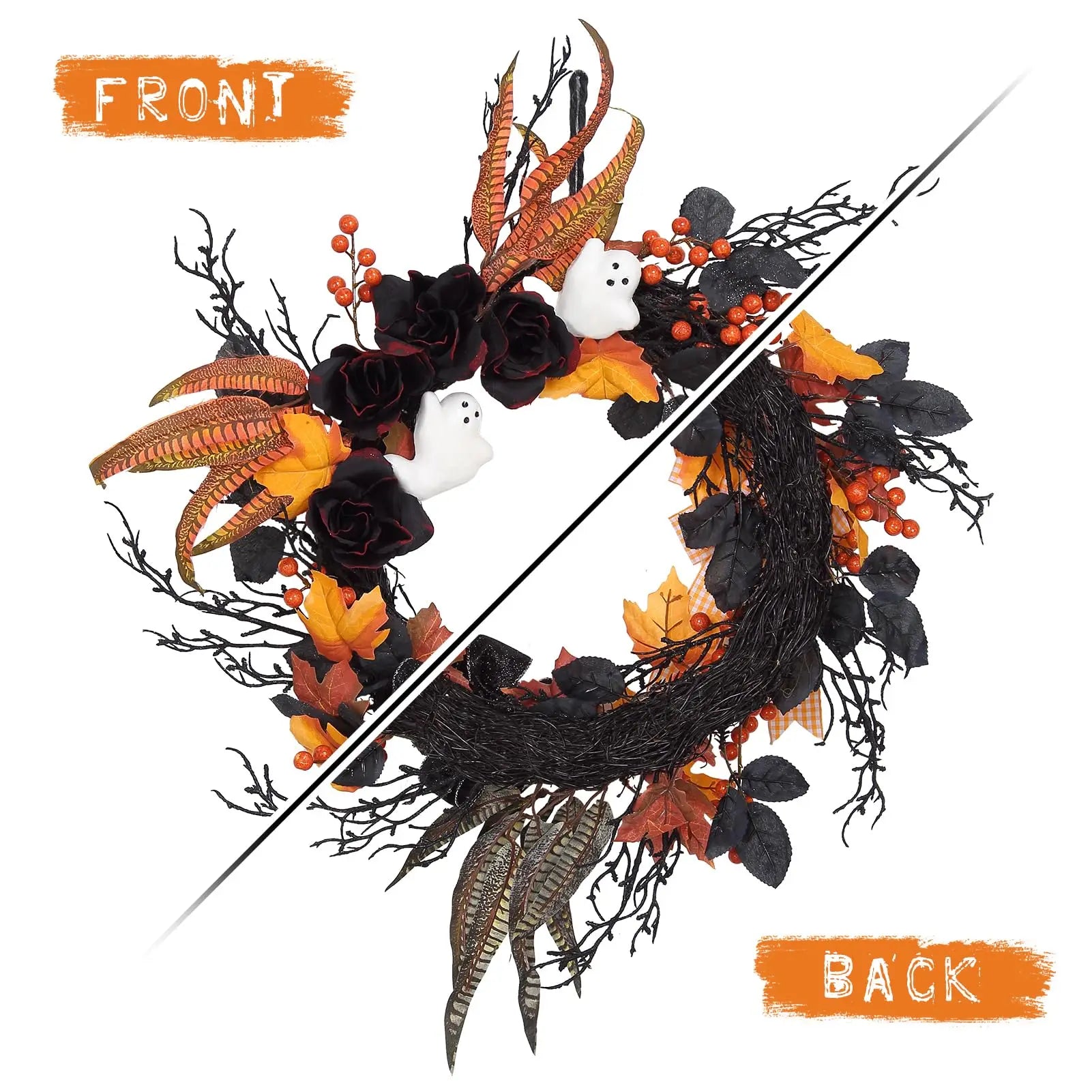 26-Inch Halloween Ghost Wreath for Front Door with Black Roses — product photo 3