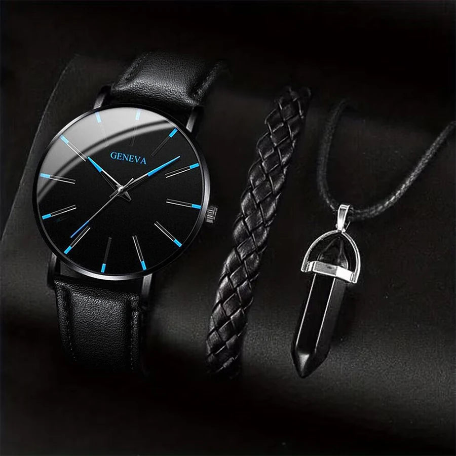 Men's 3pc Business Watch Gift Set — Leather Quartz Wristwatch, Necklace & Bracelet — view 8 of watches