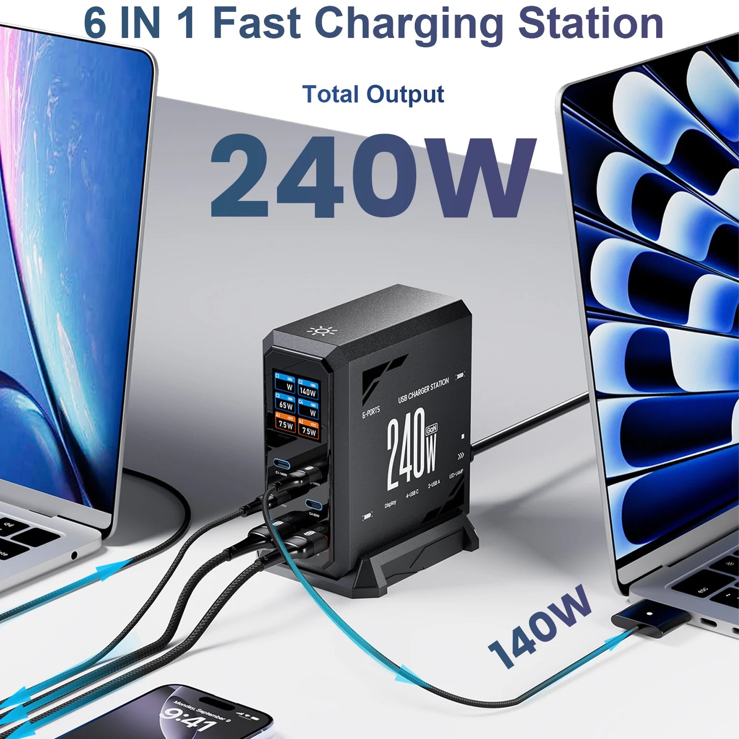 ASOMETECH 240W GaN 6-in-1 Charging Station — 140W PD3.1 Desktop MacBook Hub — view 3 of chargers & cables