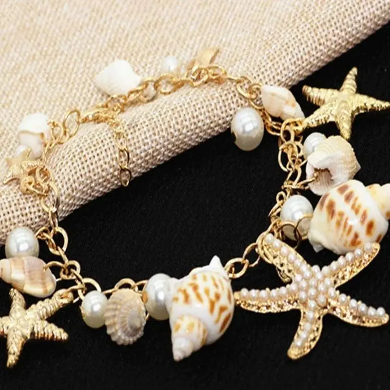 Gold Starfish & Seashell Charm Bracelet — Dainty Beach Jewelry for Women — view 3 of jewelry