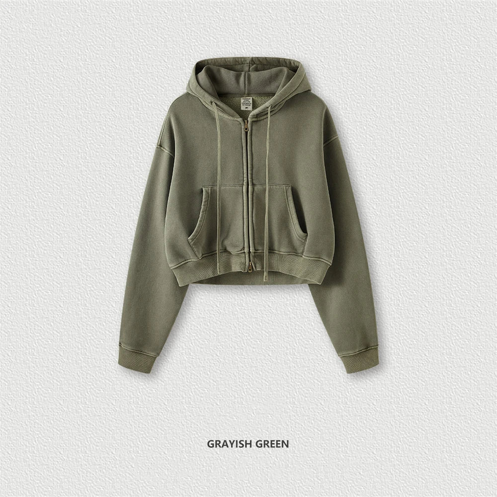 ZODF Retro 2023 Winter Women Short Zipper Hoodies Female Girls Loose 355gsm Thick Fleece Hooded Zip-up Coat Streetwears HY0448