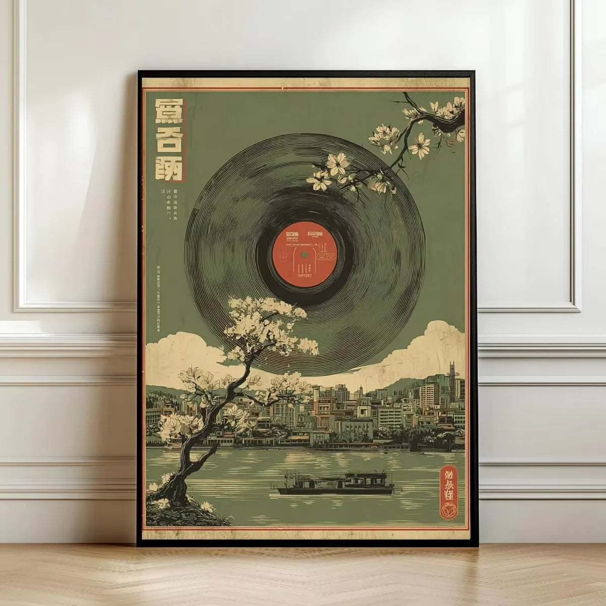 Japanese Tiger Cat Music Canvas Poster &mdash; Vintage Retro Record Player Wall Art for Bedroom