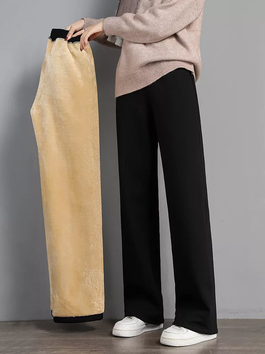 Women Warm Winter Plush Thick Pants Lambskin Cashmere Trousers High Waist