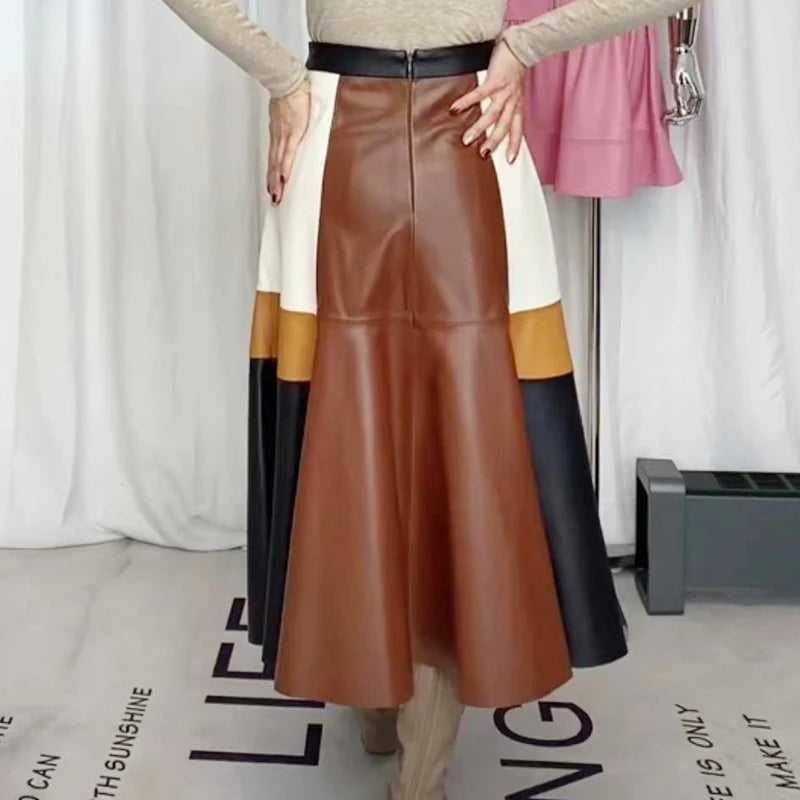 Moda Clothing 2024 Spring and Autumn Fashion Contrast Color Leather Skirts Female Retro Patchwork Large Swing 80CM Long Faldas