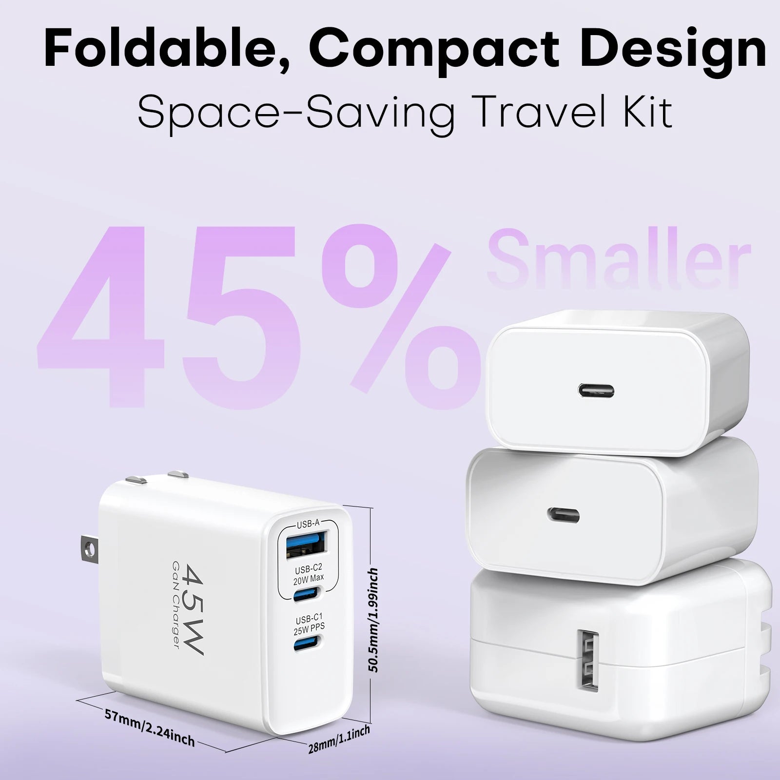 2-Pack 45W 3-Port USB Wall Charger — Quick Travel Fast Charge Adapter — view 2 of chargers & cables