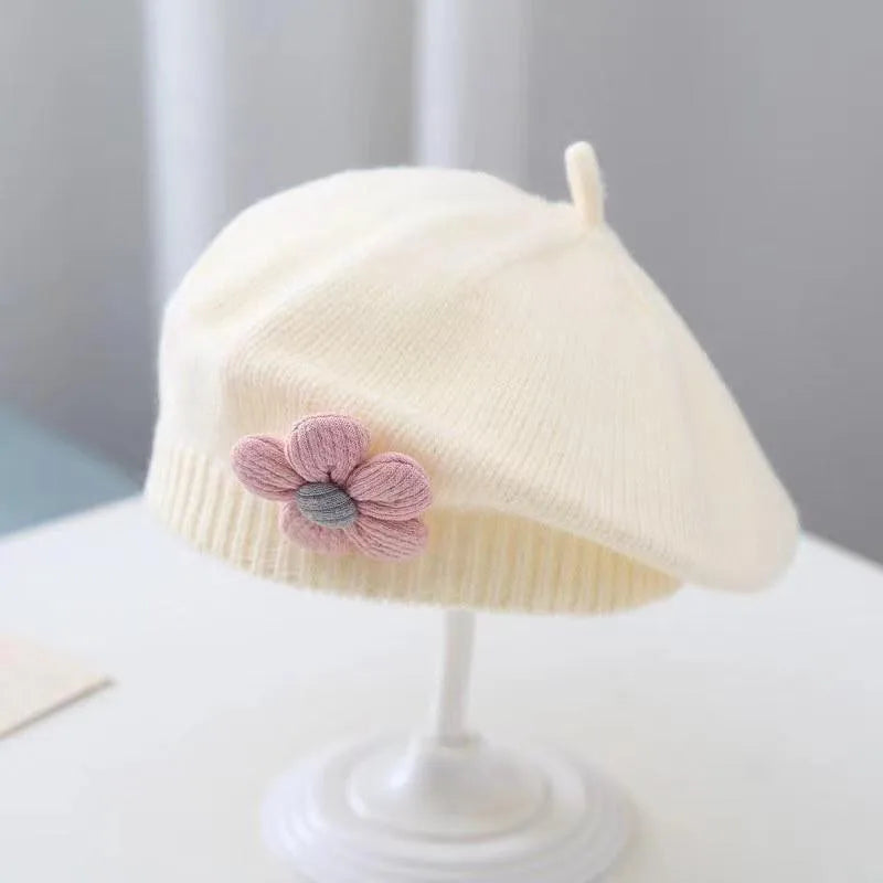 Flower Baby Beret Hat - Knitted Painter Cap for Infant Girls, Cute Toddler Princess Beret