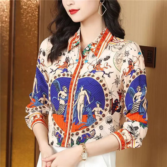 Women's Baroque Printed Mulberry Silk Shirts Spring Classic Vintage Fashion Loose Blouse Female Top Temperament Elegant Shirt