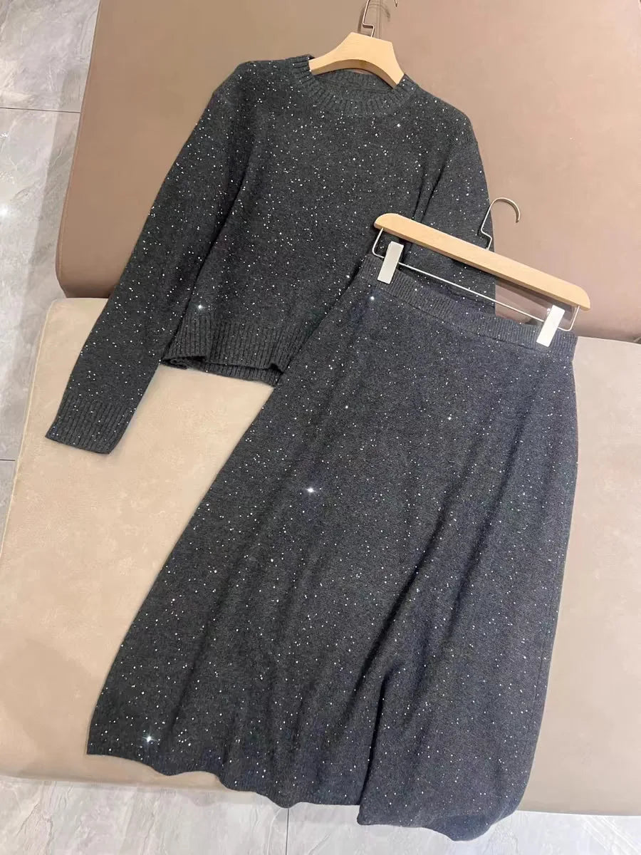 Women Sequin Cashmere Knitted Set A-Line Elastic Waist Midi Skirt or O-Neck Long Sleeve Sweater Elegant Autumn Winter Suit