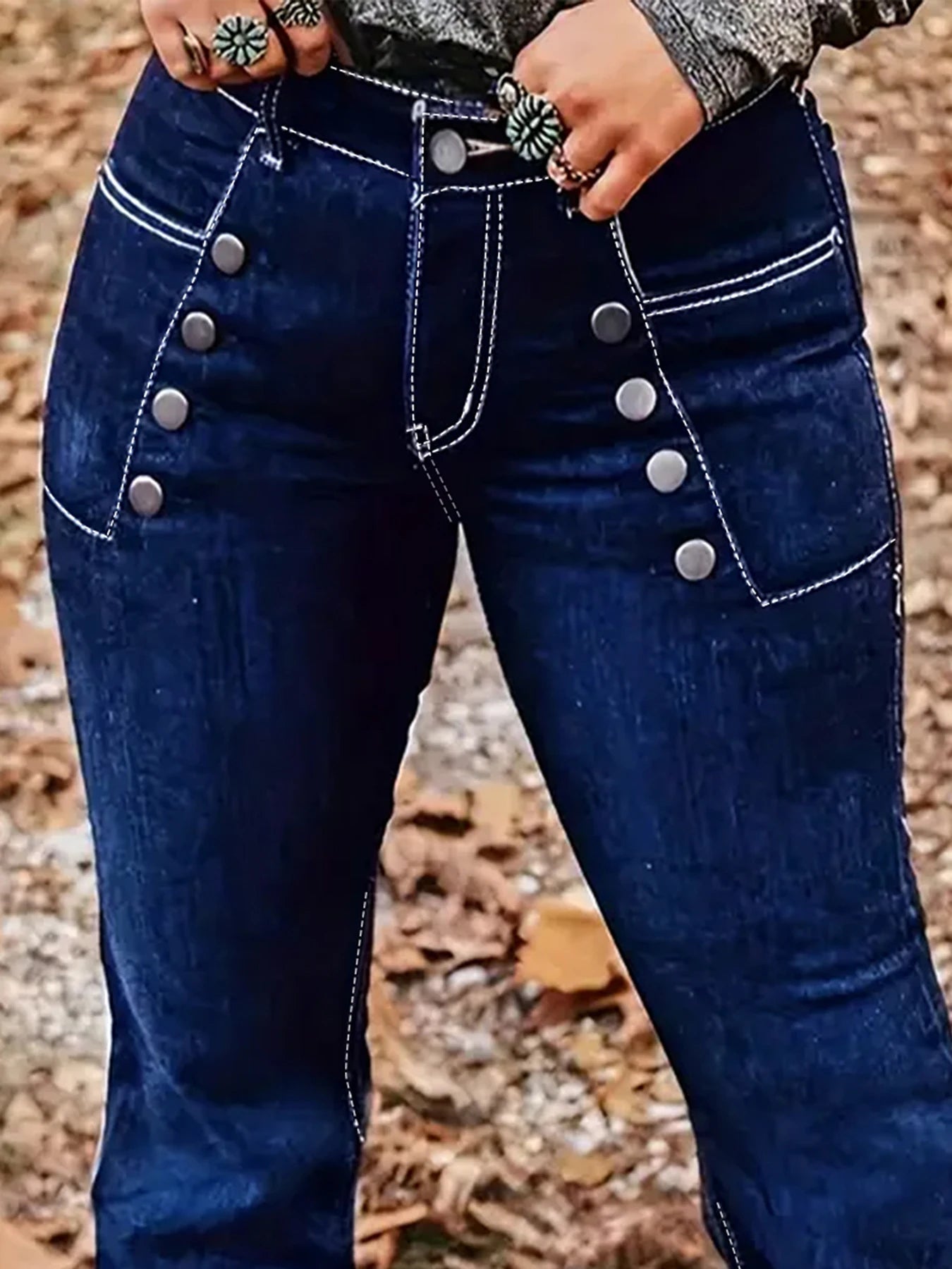 Plus-Size Blue Flare Jeans — Double-Row Button Contrast-Stitch Stretch Denim — variant view 5