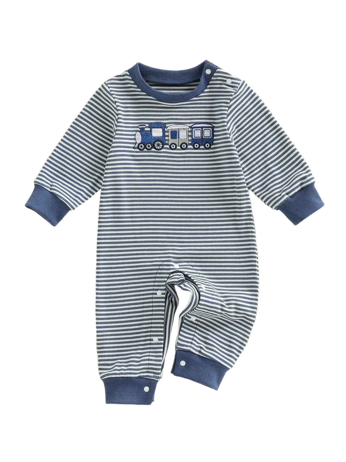 Toddler Boys Train Embroidered Striped Playsuit - Long Sleeve Romper — view 3 of toddler rompers
